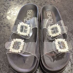 Beach Bunny Black and White Sandals with Glamorous Embellishments